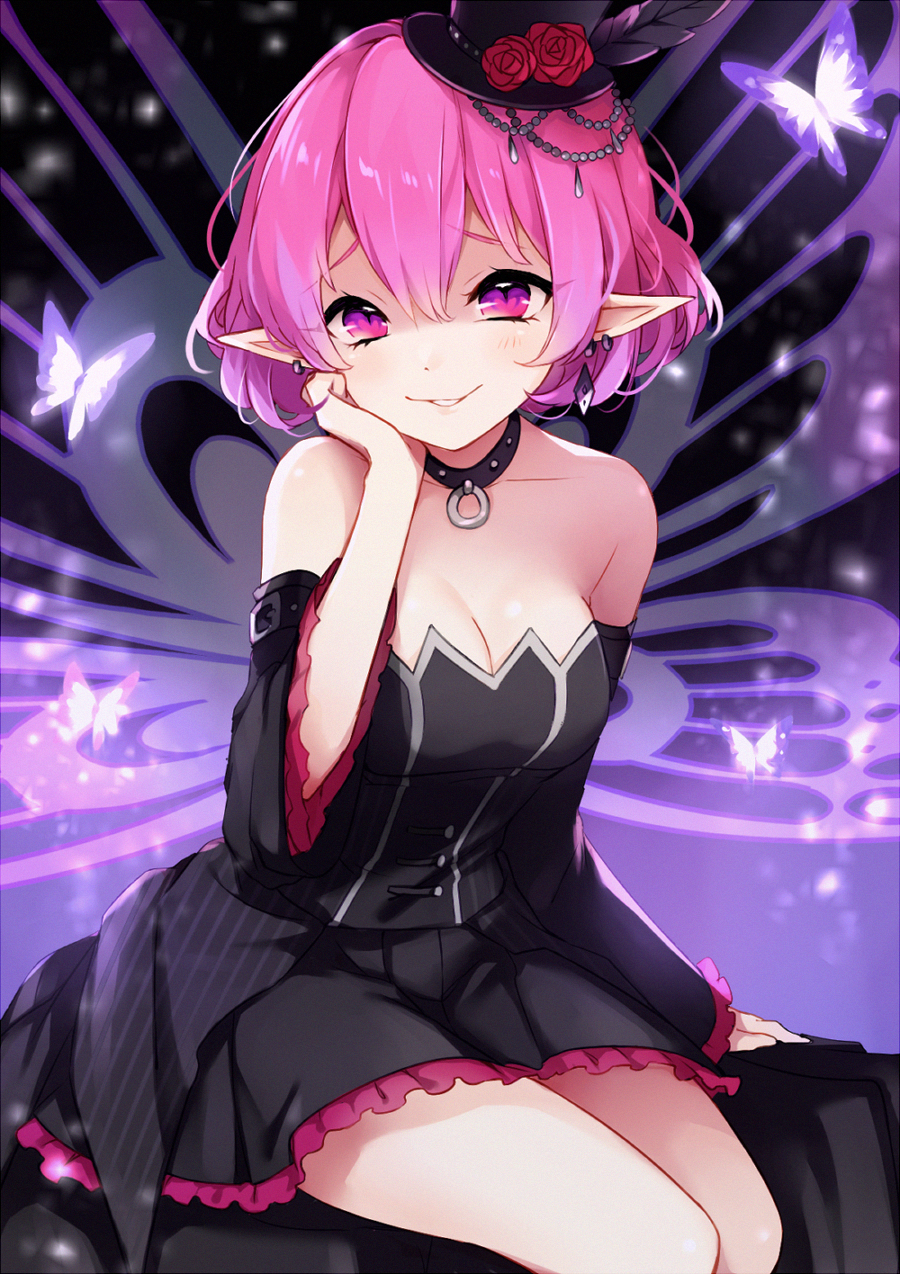 1girl bangs bare_shoulders black_dress blush breasts bug butterfly chin_rest choker cleavage collarbone commentary_request detached_sleeves dress eyebrows_visible_through_hair flower hat highres insect leafwow looking_at_viewer lucid maplestory medium_breasts mini_hat pink_hair pointy_ears red_eyes red_flower red_rose rose short_dress short_hair sitting smile solo