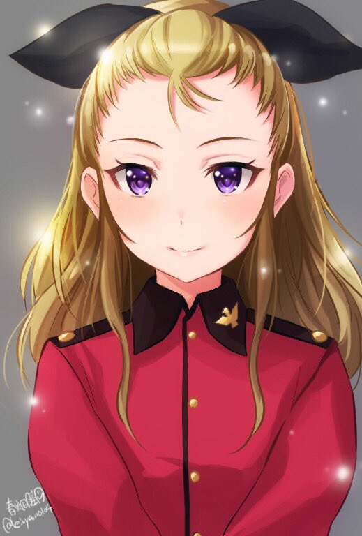 1girl artist_name assam black_ribbon blonde_hair blue_eyes closed_mouth commentary_request epaulettes forehead girls_und_panzer hair_pulled_back hair_ribbon haruhata_mutsuki jacket light_particles long_hair long_sleeves looking_at_viewer military military_uniform red_jacket ribbon signature simple_background smile solo st._gloriana's_military_uniform twitter_username uniform upper_body
