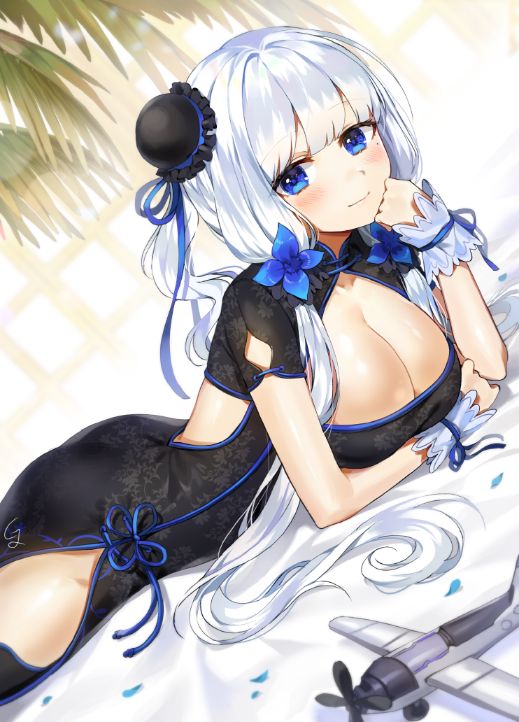 1girl aircraft airplane alternate_costume ass azur_lane bangs black_dress blue_eyes blush breasts china_dress chinese_clothes cleavage dress elbow_rest eyebrows_visible_through_hair gijang gloves hair_ornament hair_ribbon hand_to_own_face illustrious_(azur_lane) large_breasts long_hair looking_at_viewer lying mole mole_under_eye on_stomach pelvic_curtain ribbon side_bun side_slit sidelocks smile solo thigh-highs thighs tress_ribbon twintails white_hair