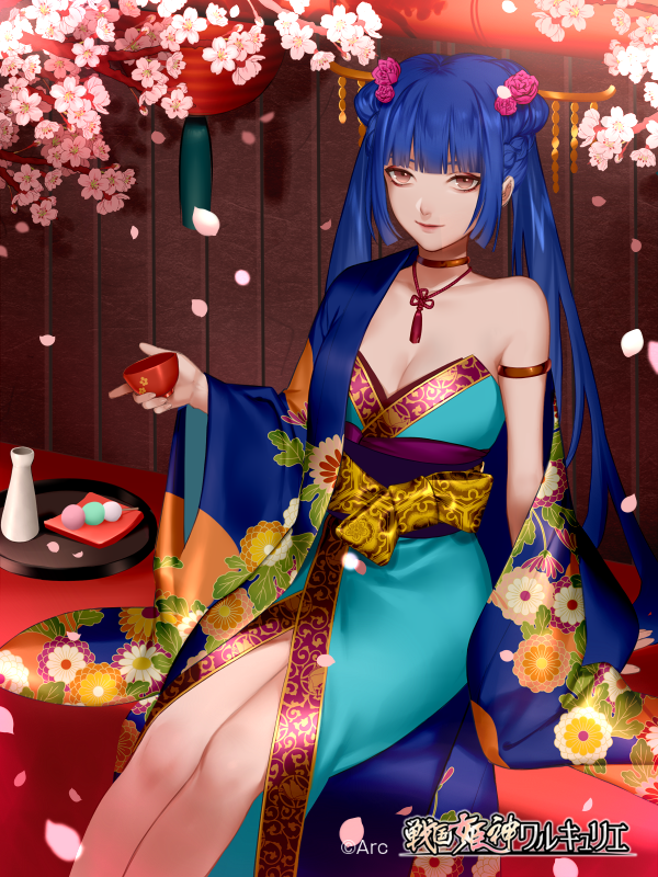 1girl alcohol armlet blue_hair braid breasts brown_eyes cherry_blossoms cleavage crown_braid dango floral_print flower food hair_flower hair_ornament hair_stick inanome_me long_hair looking_at_viewer medium_breasts off_shoulder official_art sake sengoku_kishin_valkyrie sitting solo wagashi watermark wide_sleeves