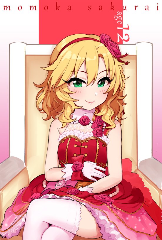 1girl bangs blonde_hair chair character_name dress eyebrows_visible_through_hair flower gloves green_eyes hair_flower hair_ornament hairband idolmaster idolmaster_cinderella_girls idolmaster_cinderella_girls_starlight_stage looking_at_viewer medium_hair omaru_gyuunyuu red_dress sakurai_momoka simple_background sitting sleeveless sleeveless_dress smile solo thigh-highs wavy_hair white_gloves white_legwear