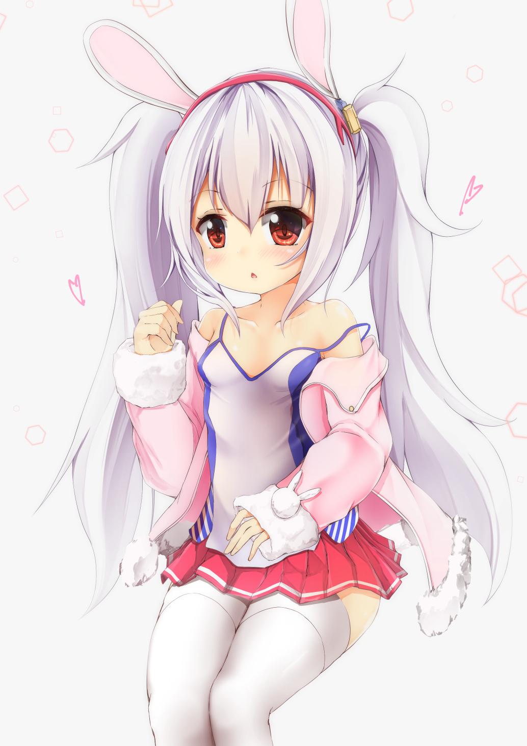 1girl animal_ears azur_lane bangs bare_shoulders blush camisole collarbone eyebrows_visible_through_hair fur-trimmed_jacket fur-trimmed_sleeves fur_trim grey_background hair_between_eyes hair_ornament hairband hand_up heart highres jacket laffey_(azur_lane) long_hair long_sleeves looking_away maru_shion open_clothes open_jacket parted_lips pink_jacket pleated_skirt rabbit_ears red_eyes red_hairband red_skirt silver_hair simple_background sitting skirt sleeves_past_wrists solo strap_slip thigh-highs twintails very_long_hair white_camisole white_legwear