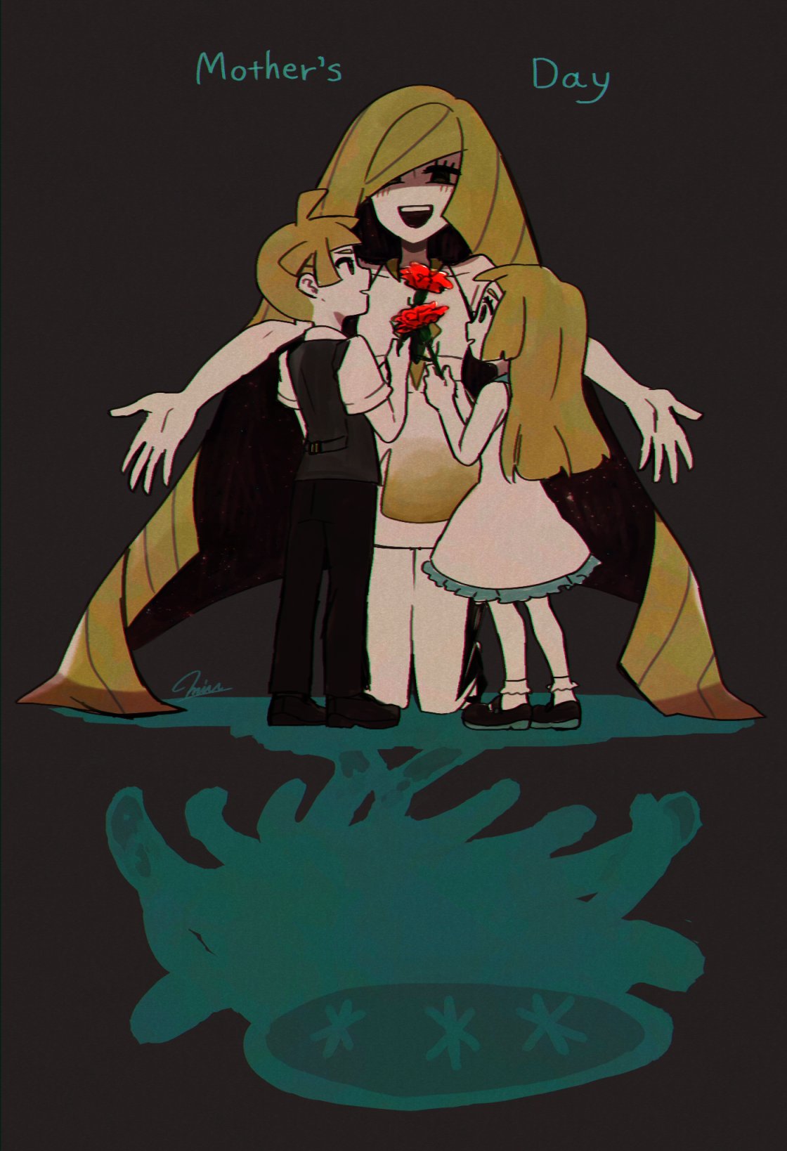 1boy 2girls black_background black_pants black_vest blonde_hair brother_and_sister dress flower gen_7_pokemon gladio_(pokemon) hair_over_one_eye highres kneeling lillie_(pokemon) long_hair lusamine_(pokemon) milf miu_(miuuu_721) mother's_day mother_and_daughter mother_and_son multiple_girls nihilego open_mouth outstretched_arms pants pokemon pokemon_(game) pokemon_sm short_dress short_hair short_sleeves siblings simple_background sleeveless sleeveless_dress spread_arms ultra_beast very_long_hair vest younger