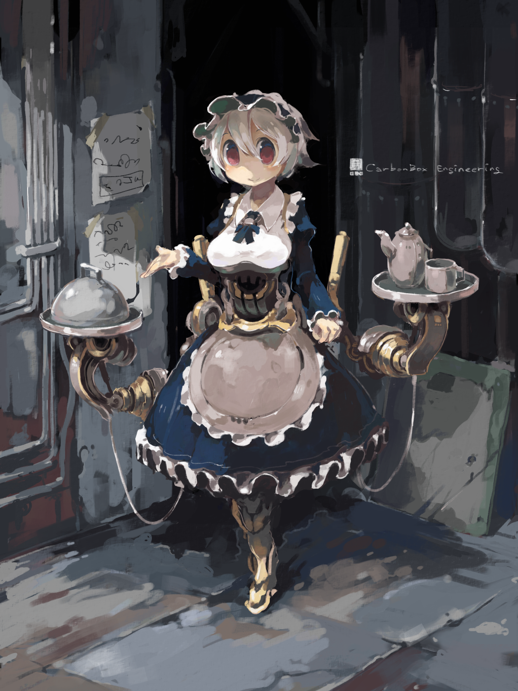 1girl apron ascot breasts brown_eyes commentary_request cup dress exoskeleton frilled_dress frilled_sleeves frills full_body hair_between_eyes highres juliet_sleeves large_breasts long_sleeves looking_at_viewer maid maid_apron maid_headdress mug no_nose original puffy_sleeves sakamoto_ahiru serving_dome short_hair smile solo standing steampunk teapot tray white_hair