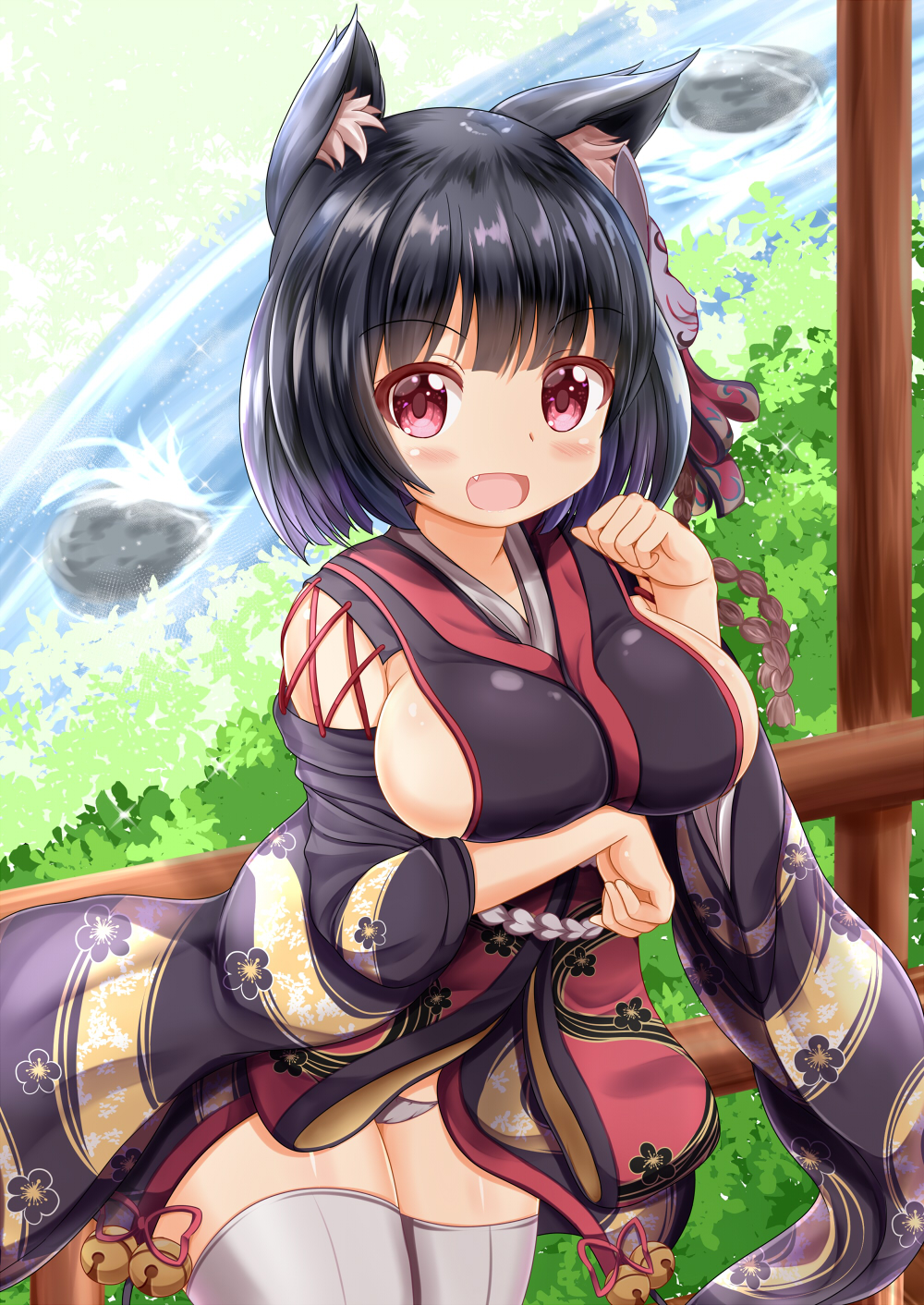 1girl :d animal_ears azur_lane bangs bell black_hair black_kimono blush breasts cat_ears commentary_request day eyebrows_visible_through_hair fang fox_mask hair_ornament hand_up highres japanese_clothes jingle_bell kimono large_breasts long_sleeves looking_at_viewer mask mask_on_head open_mouth outdoors panties print_kimono red_eyes sideboob smile solo thigh-highs underwear water waterfall white_legwear white_panties wide_sleeves yamashiro_(azur_lane) zenon_(for_achieve)