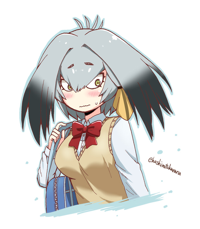 1girl alternate_costume bag bangs blush bow bowtie commentary_request contemporary cropped_torso eyebrows_visible_through_hair green_eyes grey_hair hair_between_eyes hashimoto_kurara head_wings kemono_friends long_sleeves looking_away low_ponytail red_bow red_neckwear school_uniform shirt shoebill_(kemono_friends) short_hair side_ponytail simple_background solo sweatdrop twitter_username upper_body vest wavy_mouth white_background white_shirt