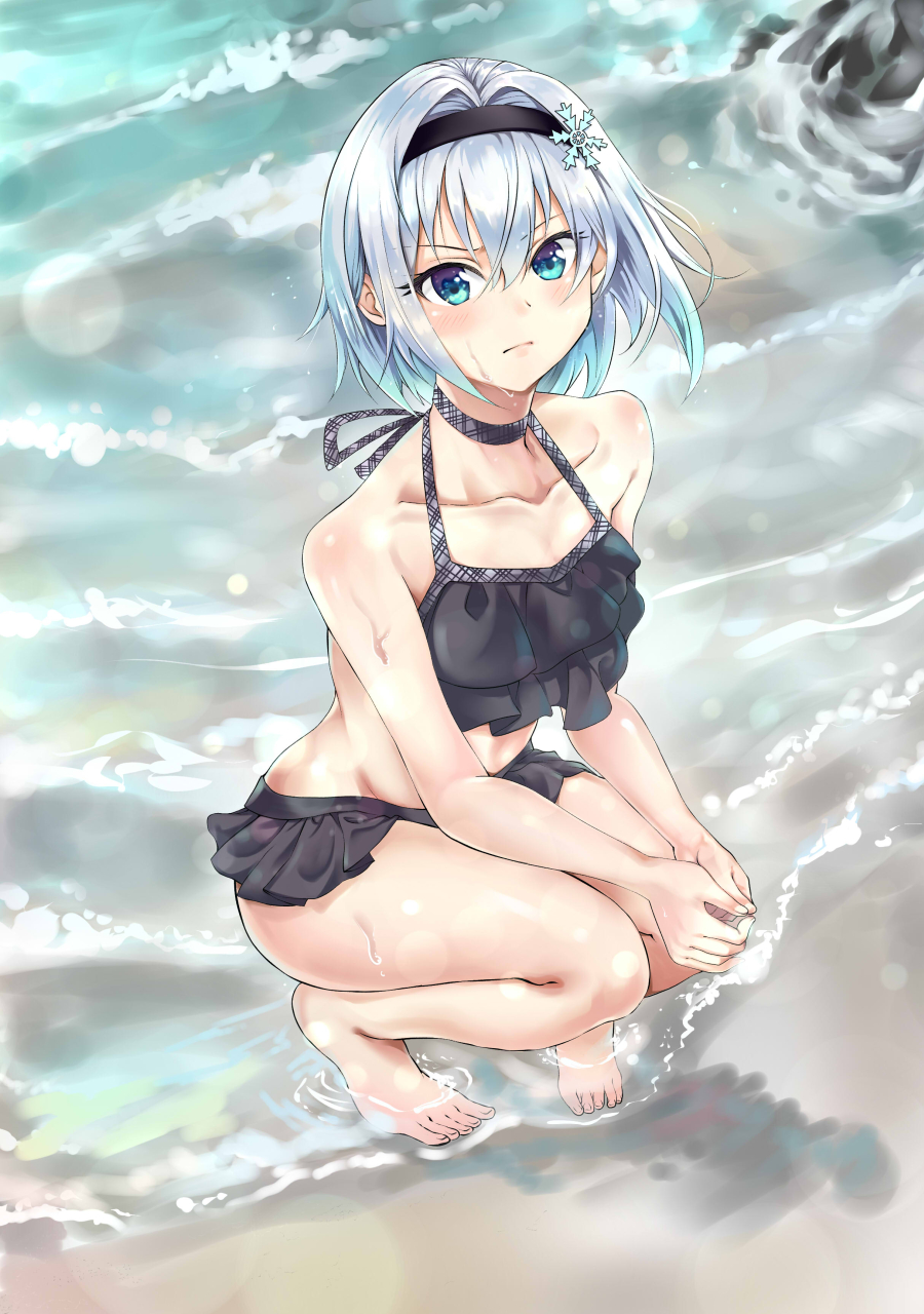 1girl beach bikini bikini_skirt black_bikini blue_eyes frilled_bikini frills hair_intakes hair_ornament highres light_blue_hair looking_at_viewer outdoors rock ryuuou_no_oshigoto! sand sayuuiede short_hair snowflake_hair_ornament solo sora_ginko squatting swimsuit wet