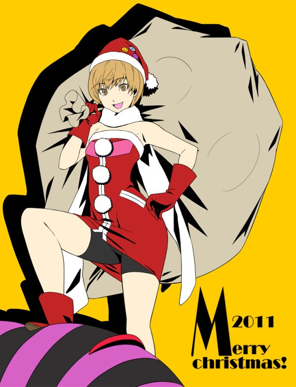 1girl 2011 bag bike_shorts brown_eyes brown_hair dress flat_color gentle_sasaki gloves hat merry_christmas open_mouth persona persona_4 pin red_footwear red_gloves santa_costume santa_hat satonaka_chie scarf short_hair shorts_under_dress smile solo strapless strapless_dress white_scarf