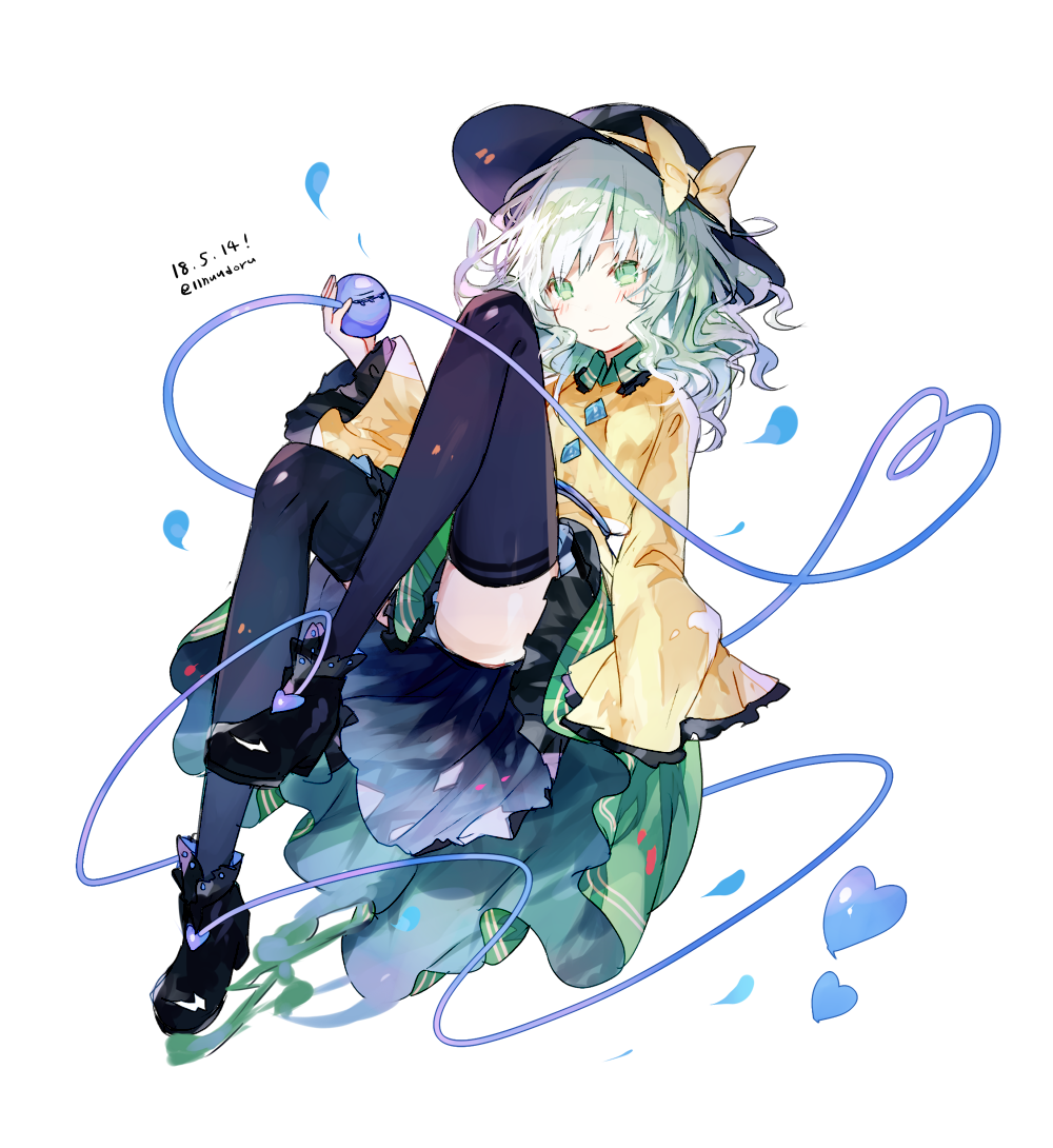 1girl :3 artist_name ass black_footwear black_hat black_legwear blue_panties blush boots bow commentary_request dated frilled_shirt_collar frills full_body green_eyes green_hair green_skirt hat hat_bow heart heart_of_string holding knees_up komeiji_koishi long_sleeves looking_at_viewer medium_hair nuudoru panties panty_peek petals petticoat shirt simple_background skirt sleeves_past_fingers smile solo thigh-highs third_eye touhou twitter_username underwear wavy_hair white_background wide_sleeves wing_collar yellow_bow yellow_shirt