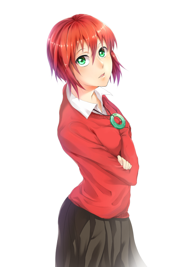 1girl commentary crossed_arms green_hair hatori_chise long_sleeves looking_at_viewer mahou_tsukai_no_yome open_mouth pleated_skirt red_shirt redhead sayuuiede shirt short_hair simple_background skirt solo white_background