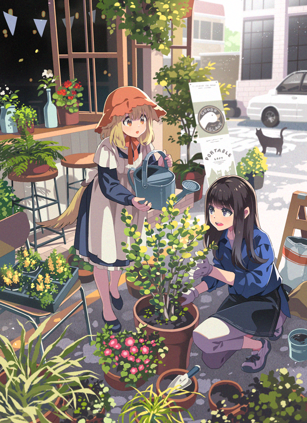 2girls animal_ears apron back_bow bag bangs bf._(sogogiching) black_apron black_cat black_eyes black_hair blonde_hair blue_shirt capri_pants car cat chin_strap commentary dress english_commentary flats flower gloves grey_legwear ground_vehicle hanging_plant hat holding kneeling long_hair long_sleeves looking_at_another motor_vehicle multiple_girls open_mouth original outdoors pants plant potted_plant red_eyes red_hat red_ribbon ribbon sash shirt shoes short_hair sign sleeves_folded_up sneakers standing stool string_of_flags tail tree vase waist_apron watering_can