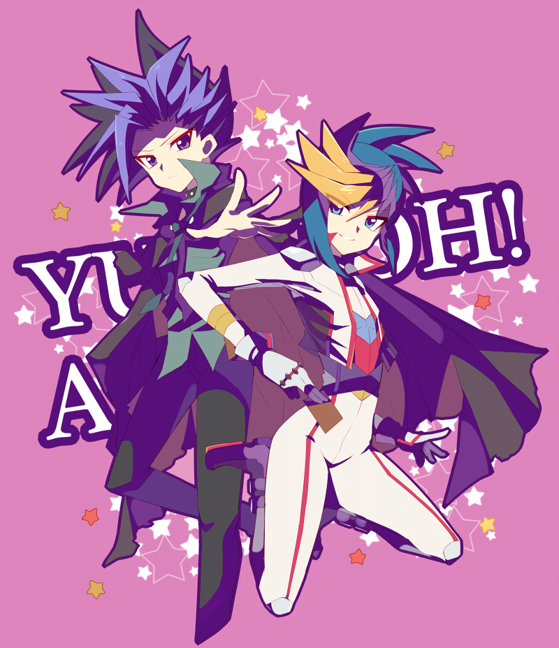 2boys black_hair black_pants blonde_hair blue_eyes blue_hair boots card card_between_fingers english gloves grin holding holding_card jacket jumping looking_at_viewer male_focus multiple_boys outstretched_arm outstretched_hand pants pink_background purple_hair rento_(rukeai) smile spiky_hair star starry_background title torn_jacket violet_eyes white_gloves white_jacket white_pants yu-gi-oh! yuu-gi-ou_arc-v yuugo_(yuu-gi-ou_arc-v) yuuto_(yuu-gi-ou_arc-v)