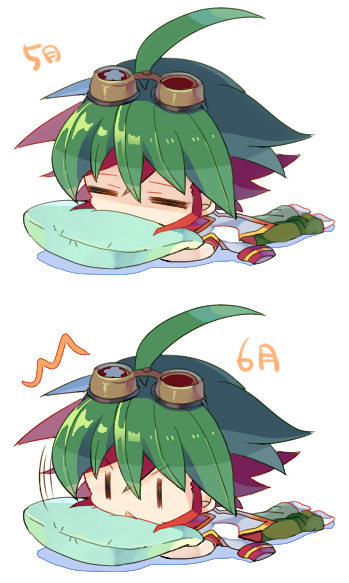 1boy ahoge chibi green_hair green_pants green_pillow lying multicolored_hair on_stomach pants pillow redhead rento_(rukeai) sakaki_yuuya sleeping spiky_hair waking_up yu-gi-oh! yuu-gi-ou_arc-v