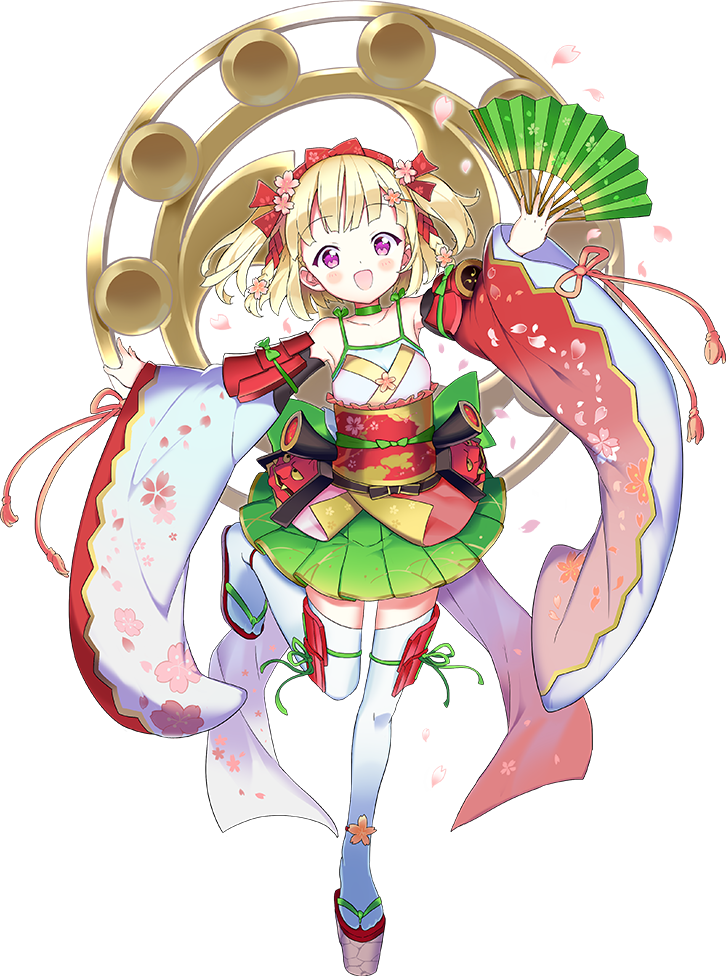 1girl :d blonde_hair blush bow choker detached_sleeves fan flat_chest flower full_body green_choker green_skirt hair_bow hair_flower hair_ornament hand_up japanese_clothes leg_ribbon looking_at_viewer official_art omi_hachiman_(oshiro_project) open_mouth oshiro_project oshiro_project_re paper_fan rassie_s ribbon sandals short_twintails skirt smile standing standing_on_one_leg thigh-highs transparent_background twintails violet_eyes watermark white_legwear wide_sleeves