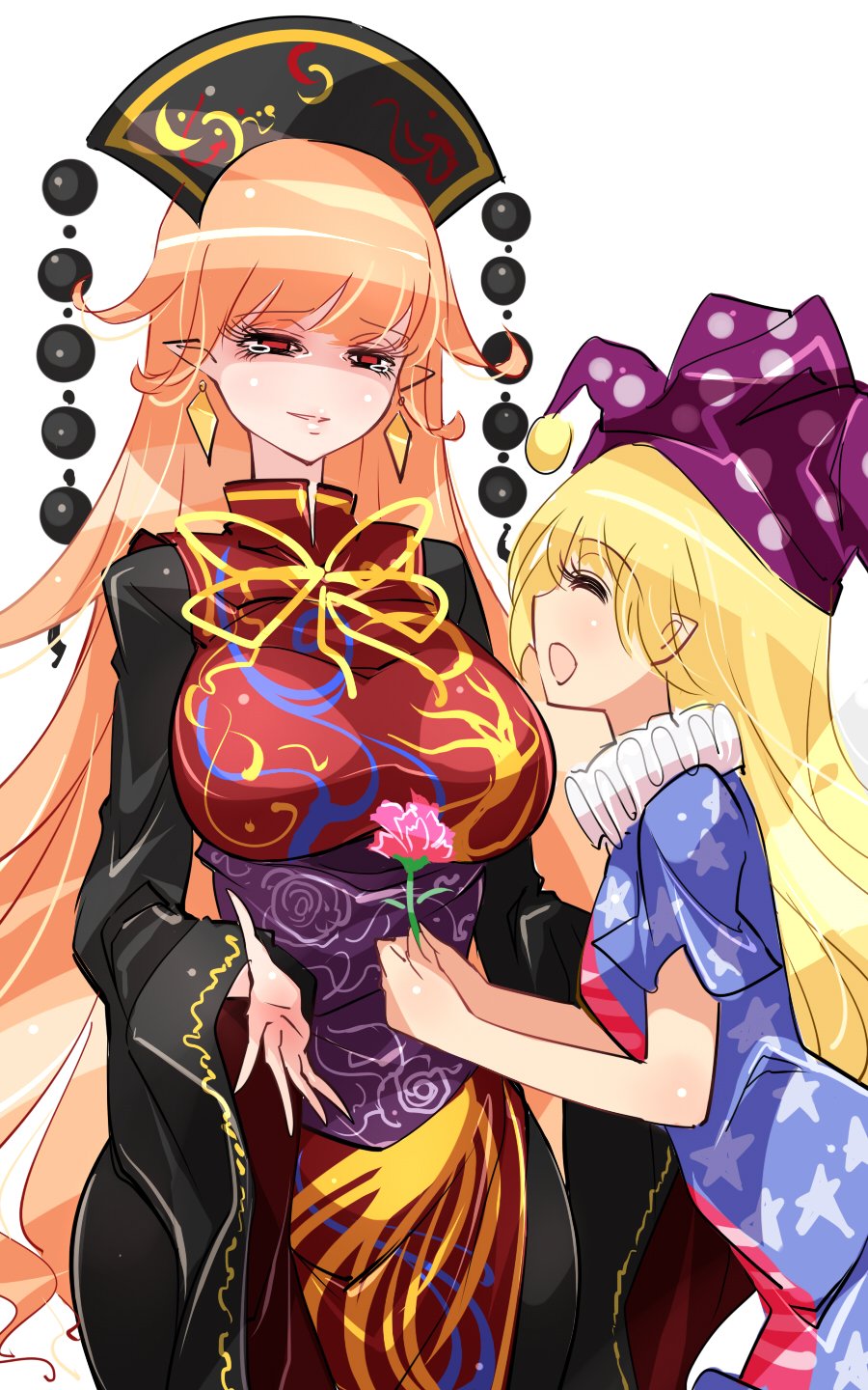 2girls blonde_hair breasts closed_eyes clownpiece crying crying_with_eyes_open flower gift giving highres junko_(touhou) long_hair mother's_day multiple_girls pointy_ears raptor7 red_eyes smile tabard tears touhou wavy_hair white_background