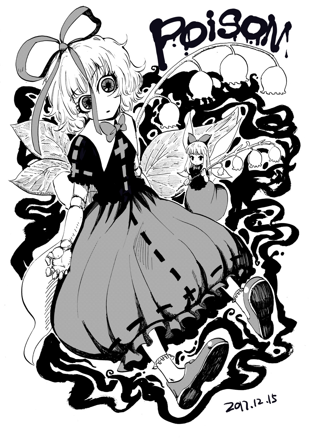 2girls blackcat_(pixiv) creepy_eyes doll doll_joints expressionless flat_chest flower fog graphite_(medium) highres horror_(theme) leaf lily_of_the_valley long_hair medicine_melancholy medium_hair monochrome multiple_girls phantasmagoria_of_flower_view poison puffy_short_sleeves puffy_sleeves ribbon shoes short_sleeves size_difference socks su-san touhou traditional_media white_ribbon