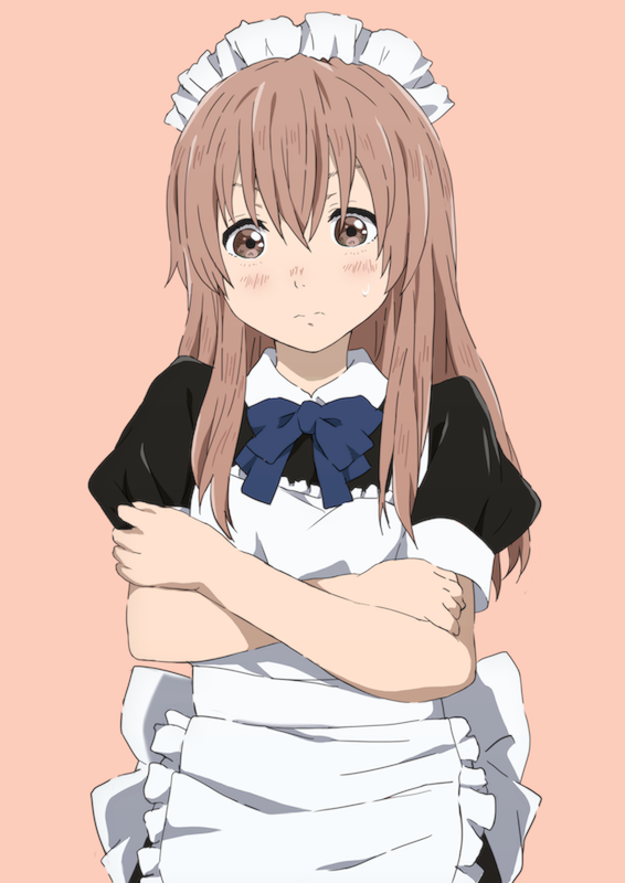 1girl angry koe_no_katachi kuu_(pixiv_id_6966912) maid maid_apron maid_dress maid_headdress nishimiya_shouko pink_background pink_eyes pink_hair solo sweatdrop