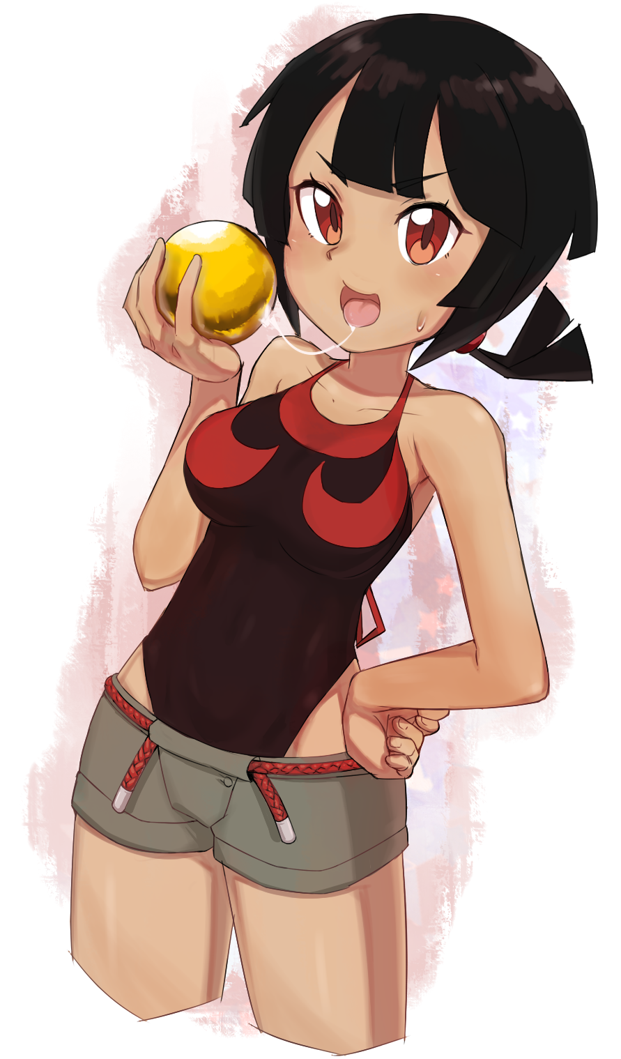 1girl :d bangs bare_shoulders black_hair black_leotard blush breasts collarbone cowboy_shot cropped_legs dark_skin drooling eyebrows eyelashes fingernails grey_shorts hand_on_hip higana_(pokemon) highres legs_apart leotard leotard_under_clothes looking_at_viewer low_ponytail medium_breasts nugget_(pokemon) nyonn24 open_mouth pokemon pokemon_(game) pokemon_oras red_eyes saliva saliva_trail short_hair short_ponytail shorts smile solo standing sweatdrop tongue tongue_out v-shaped_eyebrows