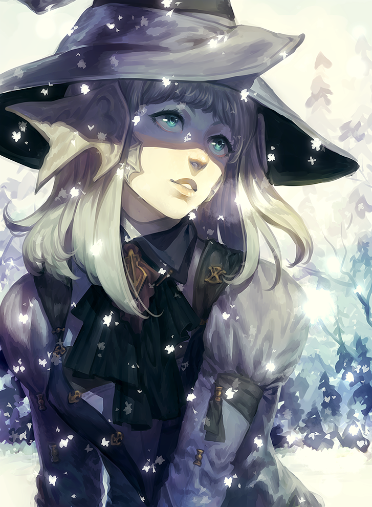 1girl blue_eyes commission hat jotaku looking_to_the_side looking_up shirt snow white_hair winter witch_hat