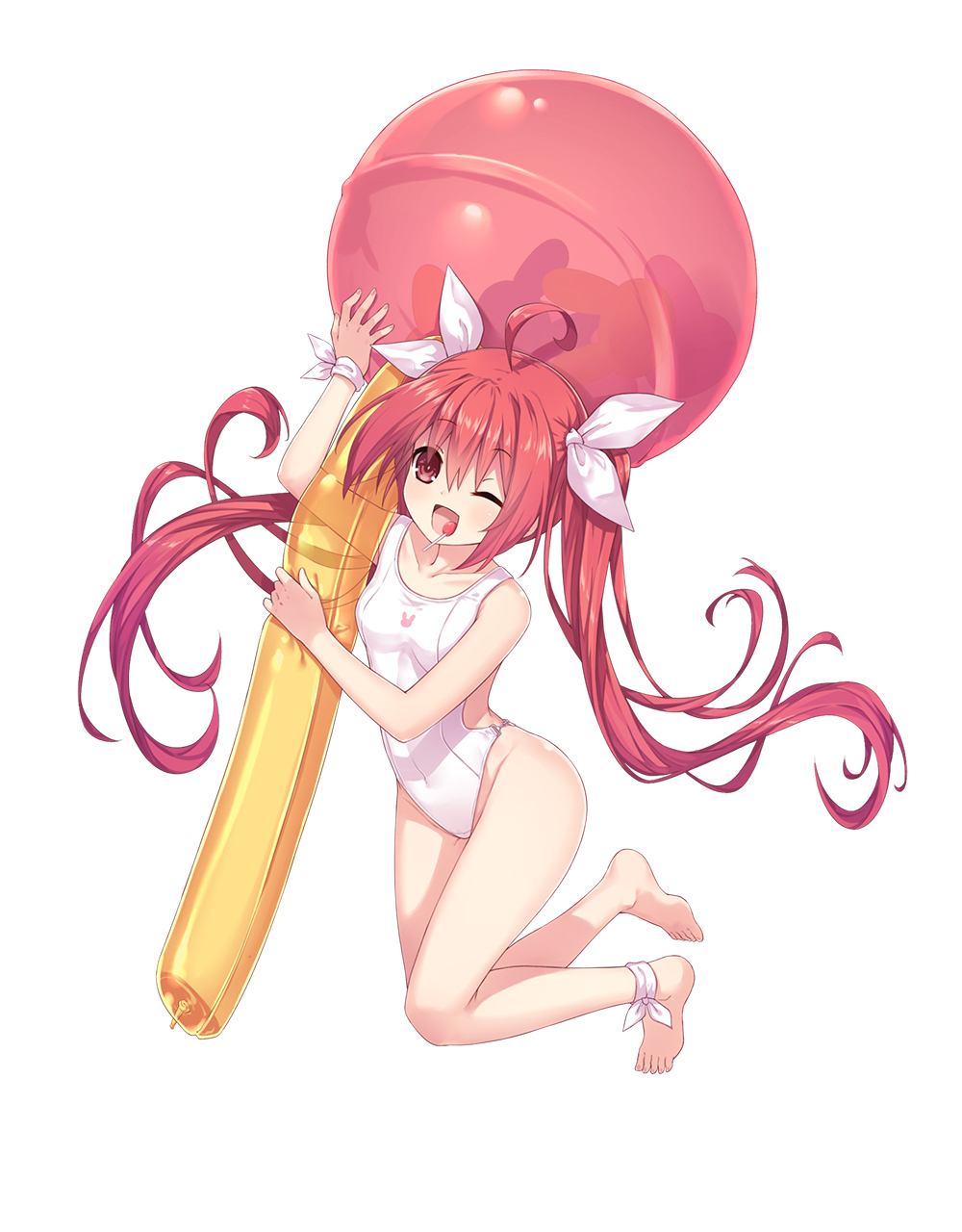 1girl ;d animal_print ass bare_legs bare_shoulders barefoot breasts bunny_print candy collarbone commentary commentary_request date_a_live food food_in_mouth full_body hair_between_eyes hair_ribbon highres hips holding_toy inflatable_toy itsuka_kotori leg_ribbon lollipop long_hair looking_at_viewer neps-l one-piece_swimsuit one_eye_closed open_mouth red_eyes redhead ribbon simple_background small_breasts smile solo swimsuit thighs twintails very_long_hair white_background white_ribbon white_swimsuit