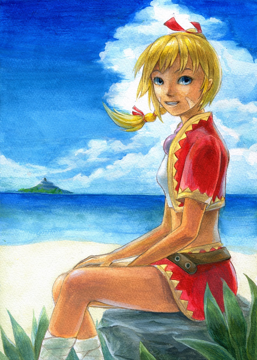 1girl blonde_hair blue_eyes braid breasts chrono_cross colored_pencil_(medium) commentary_request highres jewelry kid_(chrono_cross) long_hair looking_at_viewer midriff necklace ocean ponytail single_braid skirt smile solo traditional_media vest watercolor_(medium)