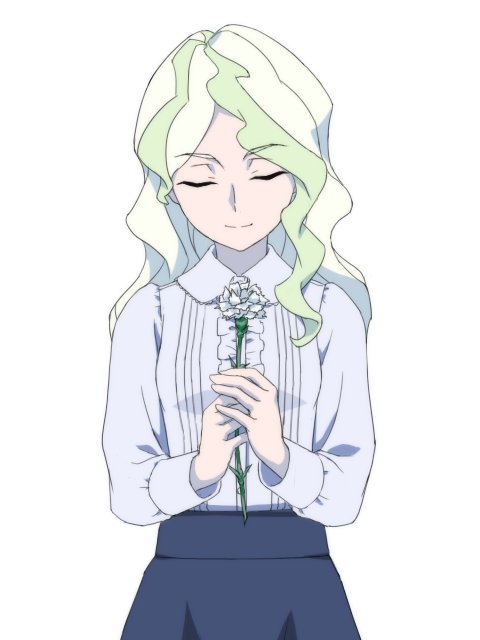 1girl blonde_hair blouse closed_eyes commentary diana_cavendish flower holding holding_flower little_witch_academia mother's_day multicolored_hair solo two-tone_hair white_background white_flower