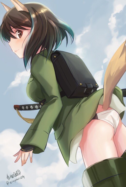 1girl animal_ears artist_name ass backpack bag bangs black_eyes black_gloves black_hair closed_mouth commentary_request eyebrows_visible_through_hair fingerless_gloves flying from_behind gloves green_jacket haruhata_mutsuki holding holding_sword holding_weapon jacket katana katou_takeko long_sleeves looking_at_viewer looking_back military military_uniform no_pants panties randoseru short_hair signature smile solo striker_unit sword tail twitter_username underwear uniform weapon white_panties world_witches_series