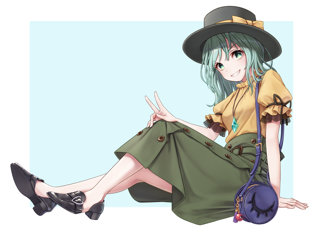 1girl adapted_costume aqua_eyes aqua_hair arm_support bag bag_charm bangs belt_buckle black_footwear black_hat black_ribbon blue_background bow breasts buckle charm_(object) commentary_request dtvisu full_body gem green_eyes green_hair green_skirt grin hand_on_own_knee handbag hat hat_bow head_tilt jewelry knees_up komeiji_koishi long_hair looking_at_viewer medium_breasts necklace puffy_short_sleeves puffy_sleeves ribbon shirt shoes short_sleeves shoulder_bag simple_background sitting skirt small_breasts smile solo third_eye touhou two-tone_background v white_border yellow_bow yellow_shirt