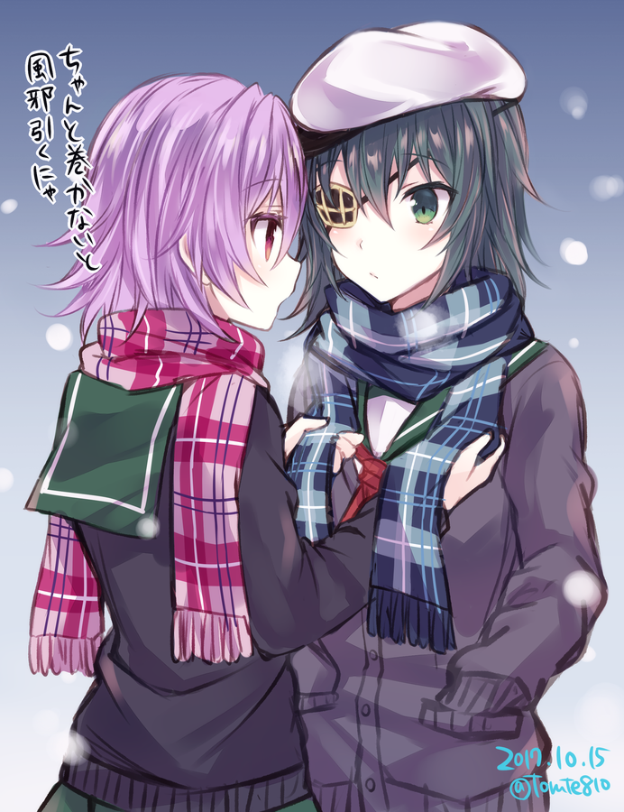 2girls adapted_costume black_cardigan blue_scarf eye_contact eyepatch green_eyes green_hair green_sailor_collar green_skirt grey_cardigan hat kabocha_torute kantai_collection kiso_(kantai_collection) long_sleeves looking_at_another medium_hair multiple_girls neckerchief pauldrons pink_scarf plaid plaid_scarf pleated_skirt purple_hair red_eyes red_neckwear sailor_collar sailor_hat scarf school_uniform serafuku short_hair skirt tama_(kantai_collection) white_hat