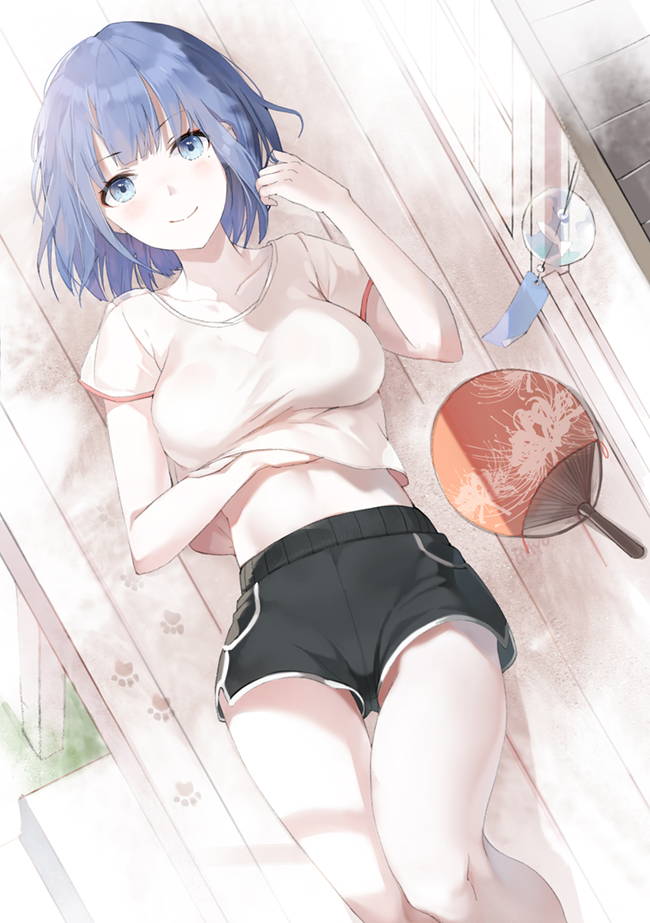 1girl bangs black_shorts blue_eyes blue_hair blush breasts collarbone eyebrows_visible_through_hair fan feet_out_of_frame from_above hair_twirling hand_on_own_stomach knee_up looking_at_viewer lying medium_breasts midriff mole mole_under_eye on_back original paper_fan paw_print shirt short_hair short_sleeves shorts smile solo t-shirt uchiwa wind_chime wooden_floor yumaomi