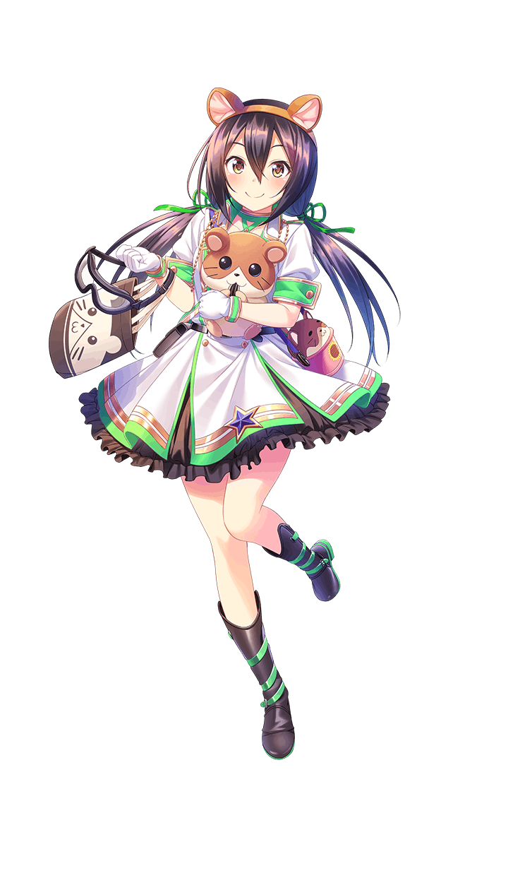 1girl animal_ears bag black_footwear black_hair boots brown_eyes dress fake_animal_ears formation_girls full_body goggles_around_arm green_ribbon hair_ribbon hamster hamster_ears handbag highres long_hair looking_at_viewer low_twintails official_art ozaki_rin ribbon smile solo tenkuu_nozora transparent_background twintails white_dress