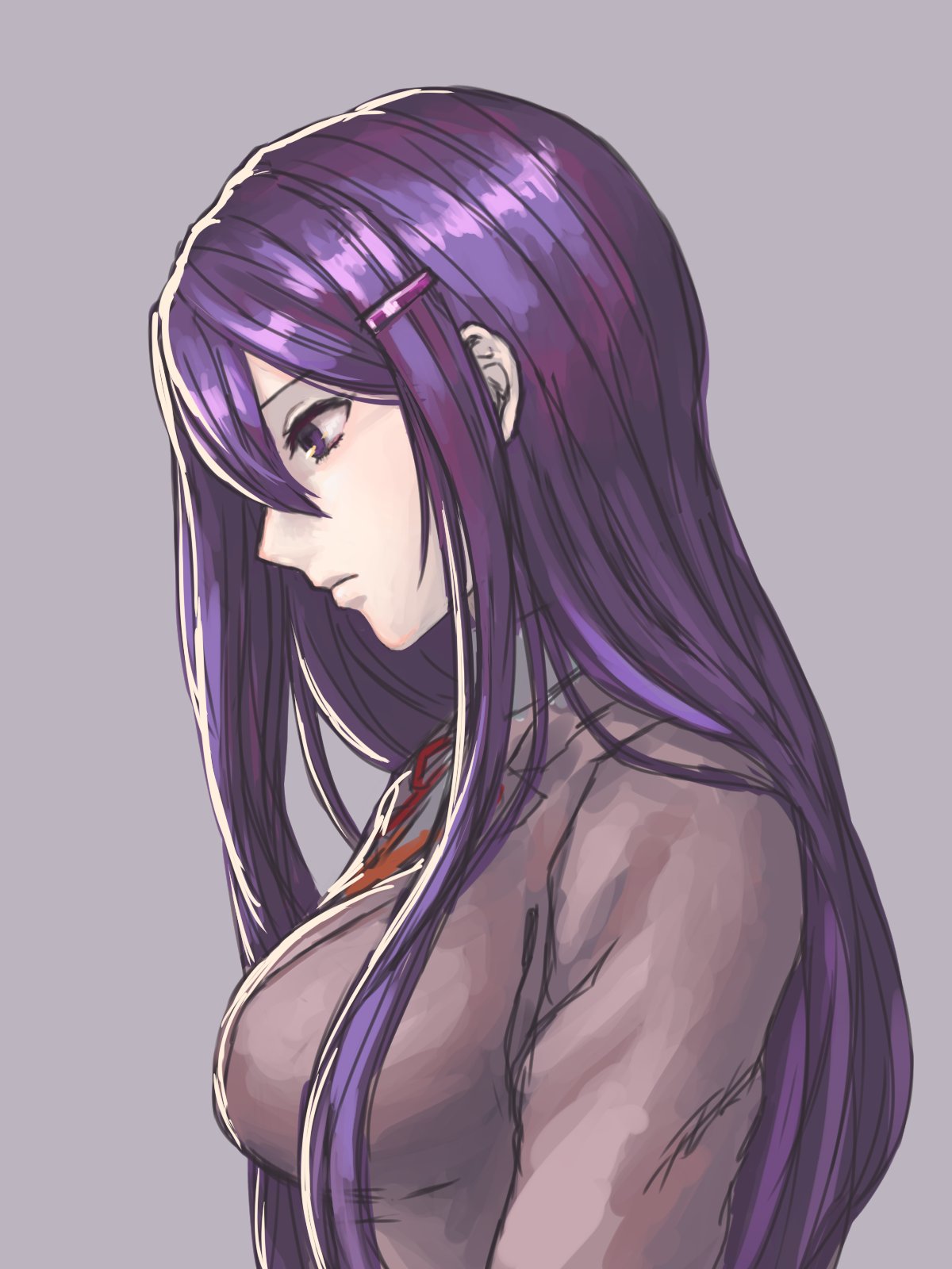 1girl breasts commentary_request doki_doki_literature_club frown grey_background hair_between_eyes hair_ornament hairclip highres long_hair medium_breasts profile purple_hair school_uniform simple_background solo tawatari upper_body violet_eyes yuri_(doki_doki_literature_club)