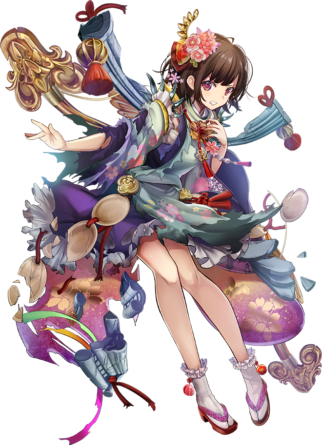 1girl artist_request black_hair bow_(weapon) broken broken_weapon flower full_body hair_flower hair_ornament japanese_clothes oshiro_project oshiro_project_re short_hair solo torn_clothes transparent_background violet_eyes weapon yanaginogosho_(oshiro_project)