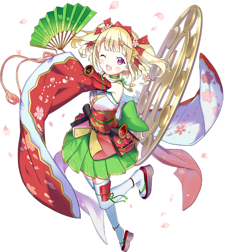 1girl ;d blonde_hair blush bow choker detached_sleeves fan flat_chest flower full_body green_choker green_skirt hair_bow hair_flower hair_ornament hand_up japanese_clothes leg_ribbon looking_at_viewer official_art omi_hachiman_(oshiro_project) one_eye_closed open_mouth oshiro_project oshiro_project_re paper_fan rassie_s ribbon sandals short_twintails skirt smile standing standing_on_one_leg thigh-highs transparent_background twintails violet_eyes watermark white_legwear wide_sleeves