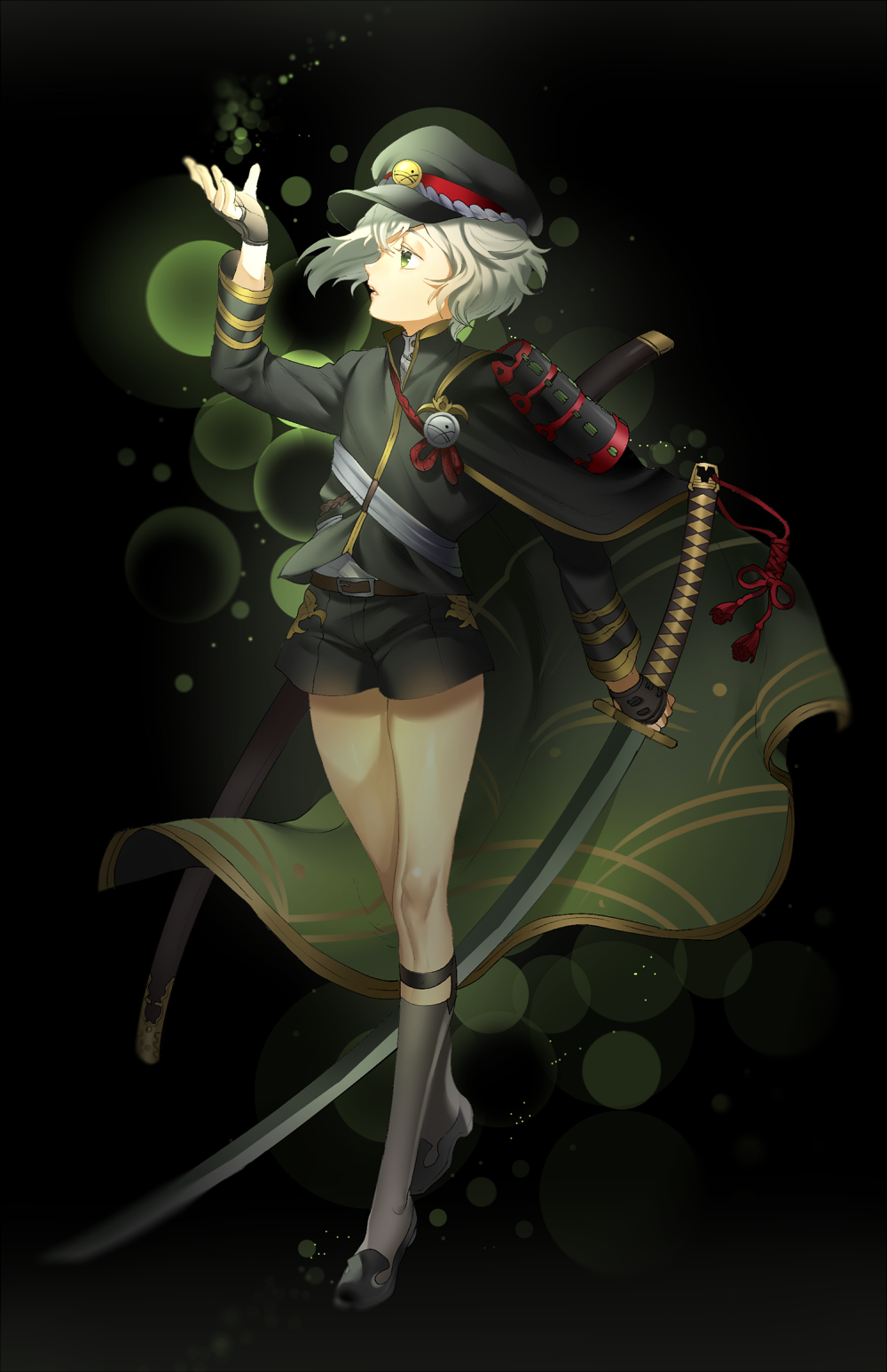 1boy arm_up armor boba cape garters green_eyes grey_legwear hat highres hotarumaru japanese_armor kneehighs male_focus ootachi open_mouth sheath shorts silver_hair sock_garters sode sword touken_ranbu weapon