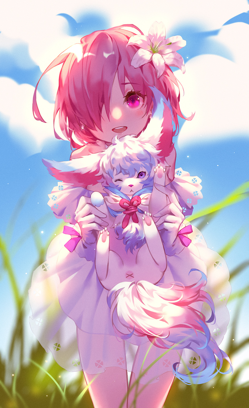 1girl clouds dress eyebrows_visible_through_hair fate/grand_order fate_(series) flower fou_(fate/grand_order) gloves grass hair_flower hair_ornament hair_over_one_eye highres looking_at_viewer mash_kyrielight pink_eyes pink_hair see-through short_hair sky smile solo timmy_(tztime) younger