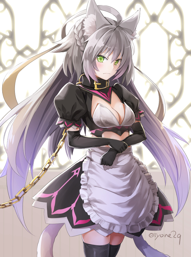 1girl apron atalanta_(alter)_(fate) atalanta_(fate) bangs black_collar black_dress black_gloves blurry blurry_background blush braid breasts cat_girl cat_tail chains cleavage closed_mouth collar commentary_request depth_of_field dress elbow_gloves eyebrows_visible_through_hair fate/grand_order fate_(series) frilled_apron frills gloves green_eyes hair_between_eyes long_hair looking_at_viewer medium_breasts multicolored_hair puffy_short_sleeves puffy_sleeves short_sleeves silver_hair solo tail tears twitter_username two-tone_hair tyone very_long_hair waist_apron white_apron wrist_grab