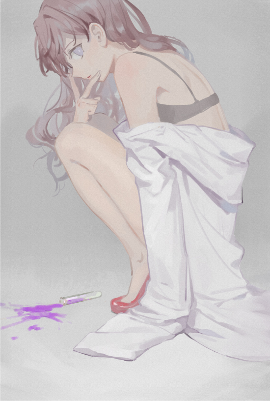 1girl bare_shoulders black_bra blue_eyes bra brown_hair clothes_down finger_to_cheek full_body hagino_(axgh) high_heels ichinose_shiki idolmaster idolmaster_cinderella_girls labcoat long_hair looking_at_viewer looking_to_the_side red_footwear simple_background solo spill squatting test_tube underwear v wavy_hair