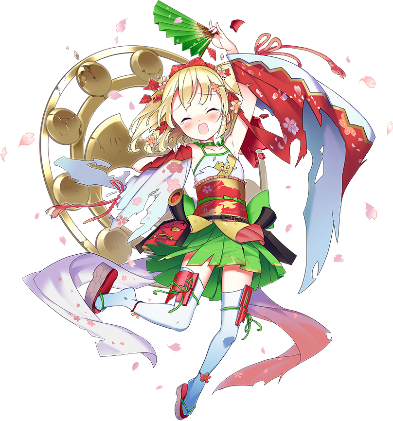 1girl :d blonde_hair blush bow choker closed_eyes detached_sleeves fan flat_chest flower full_body green_choker green_skirt hair_bow hair_flower hair_ornament hand_up japanese_clothes leg_ribbon looking_at_viewer official_art omi_hachiman_(oshiro_project) open_mouth oshiro_project oshiro_project_re paper_fan rassie_s ribbon sandals short_twintails skirt smile standing standing_on_one_leg tearing_up thigh-highs torn_clothes transparent_background twintails watermark white_legwear wide_sleeves