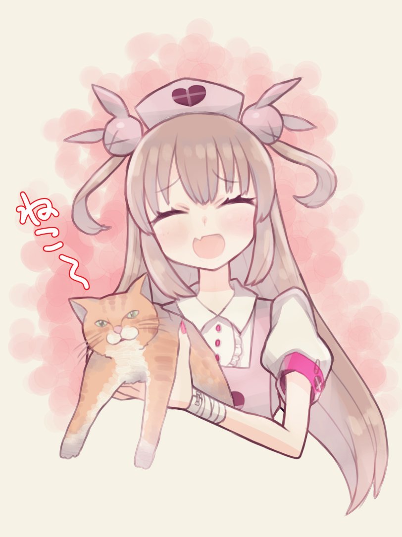 1girl animal apron bandage buttons cat closed_eyes collared_shirt commentary fang hair_ornament hat holding holding_animal holding_cat light_brown_hair long_hair natori_sana nurse_cap open_mouth pink_apron puffy_short_sleeves puffy_sleeves sana_channel shirt short_sleeves tank_(artist) virtual_youtuber