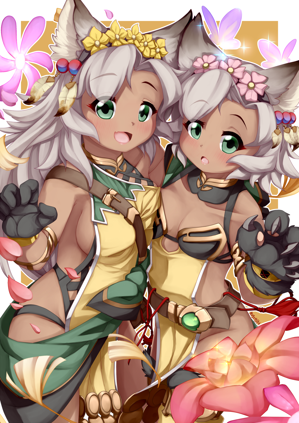2girls :d :o animal_ears armlet black_gloves breasts cat_ears cat_paws claws commentary_request dark_skin erune eyebrows_visible_through_hair eyes_visible_through_hair fang flower gloves granblue_fantasy green_eyes grey_hair hair_flower hair_ornament highres long_hair looking_at_viewer medium_breasts melleau multiple_girls nemone open_mouth paws petals psychopath_idiot short_hair sideboob smile