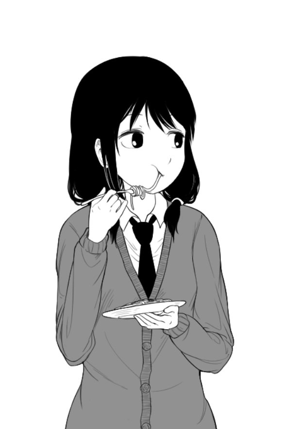 1girl black_hair cardigan eating food looking_away monochrome necktie pasta plate spaghetti tamura_yuri twintails watashi_ga_motenai_no_wa_dou_kangaetemo_omaera_ga_warui!