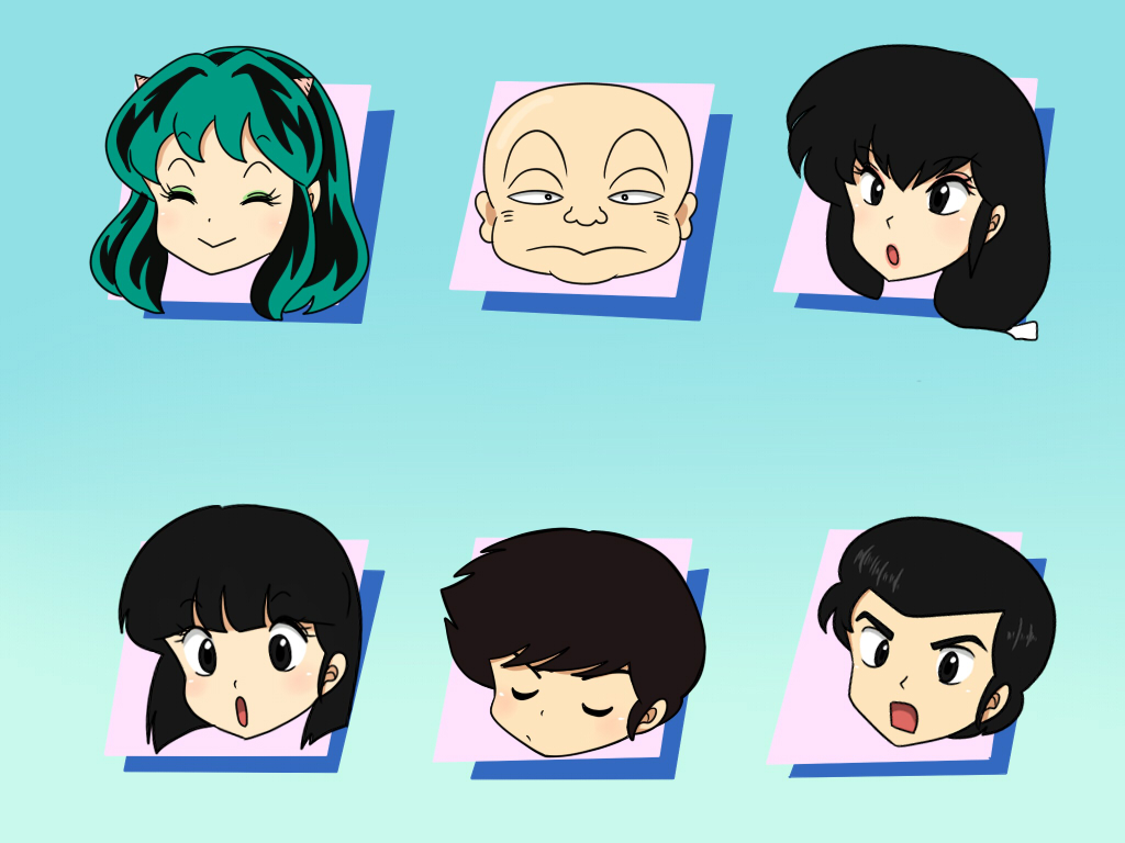 3boys 3girls cherry_(urusei_yatsura) head_only lum mendou_shuutarou miyake_shinobu moroboshi_ataru multiple_boys multiple_girls parody ranma_1/2 sakura_(urusei_yatsura) simple_background urusei_yatsura