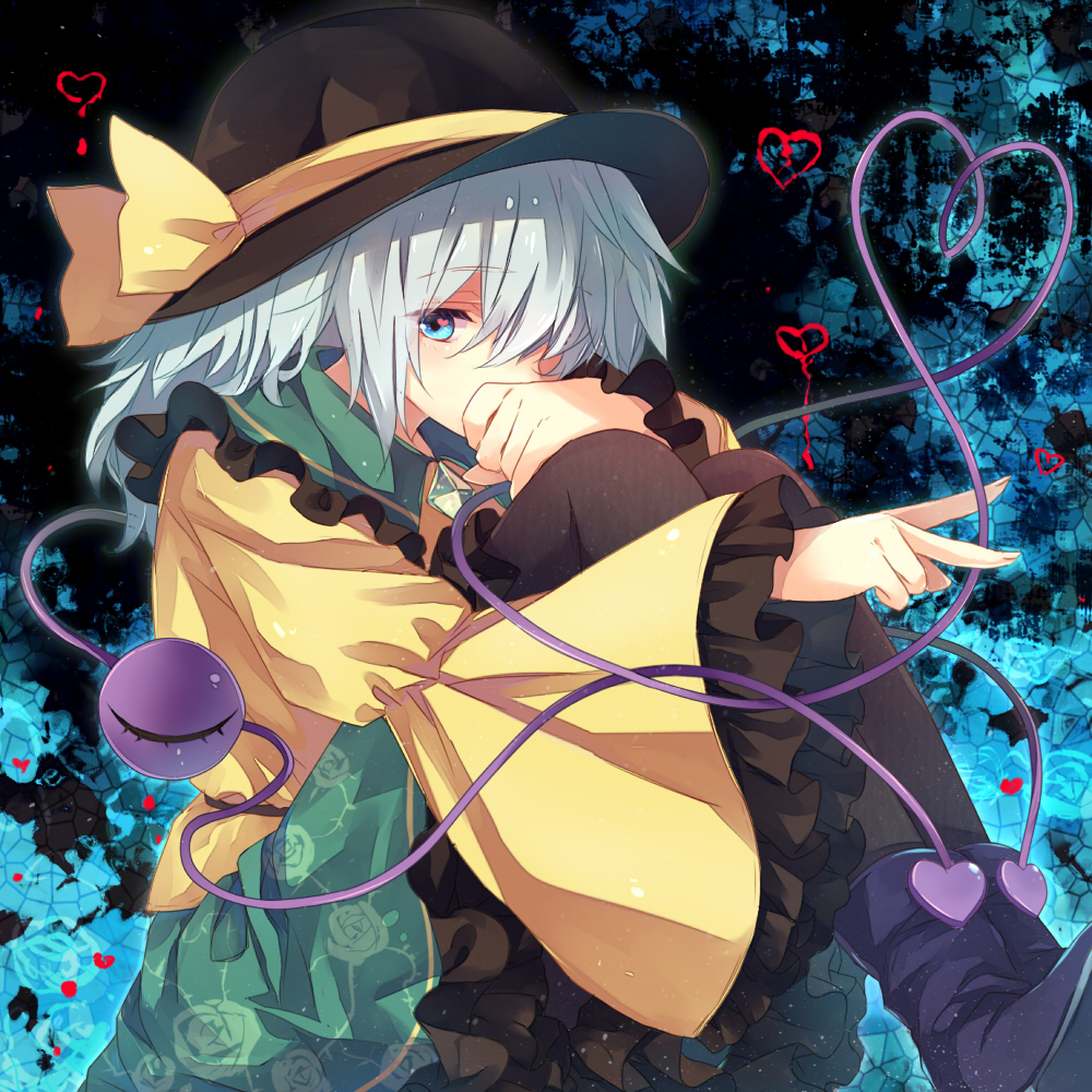 1girl black_hat blue_eyes eyebrows_visible_through_hair frilled_shirt_collar frilled_skirt frilled_sleeves frills green_skirt hat hat_ribbon heart heart-shaped_pupils heart_of_string komeiji_koishi lilith_(lilithchan) long_sleeves ribbon shirt short_hair silver_hair skirt solo symbol-shaped_pupils third_eye touhou wide_sleeves yellow_ribbon yellow_shirt