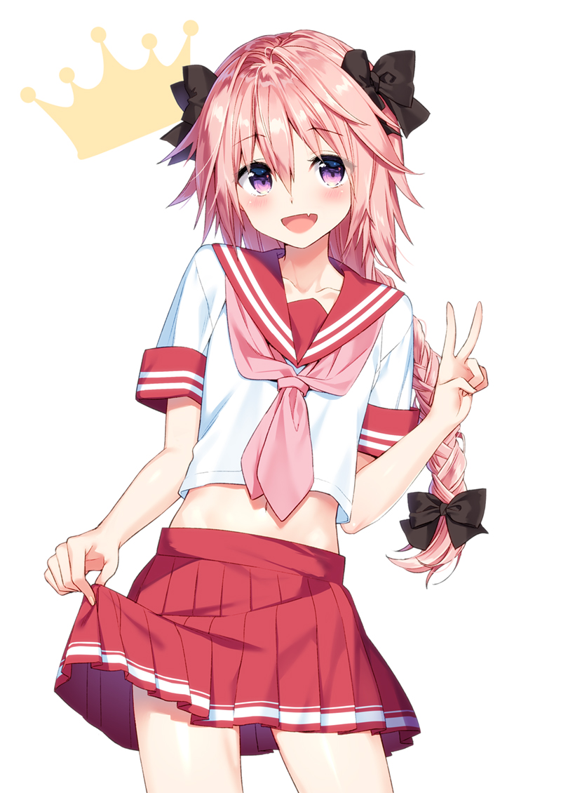 1boy astolfo_(fate) bangs black_bow blouse blush bow braid commentary_request cowboy_shot crown eyebrows_visible_through_hair fang fate/apocrypha fate/grand_order fate_(series) hair_between_eyes hair_bow long_hair looking_at_viewer male_focus masuishi_kinoto navel necktie open_mouth otoko_no_ko pink_hair pink_neckwear pleated_skirt red_sailor_collar red_skirt red_sleeve_ends sailor_collar shiny shiny_hair short_sleeves simple_background single_braid skirt skirt_lift solo standing stomach v violet_eyes white_blouse