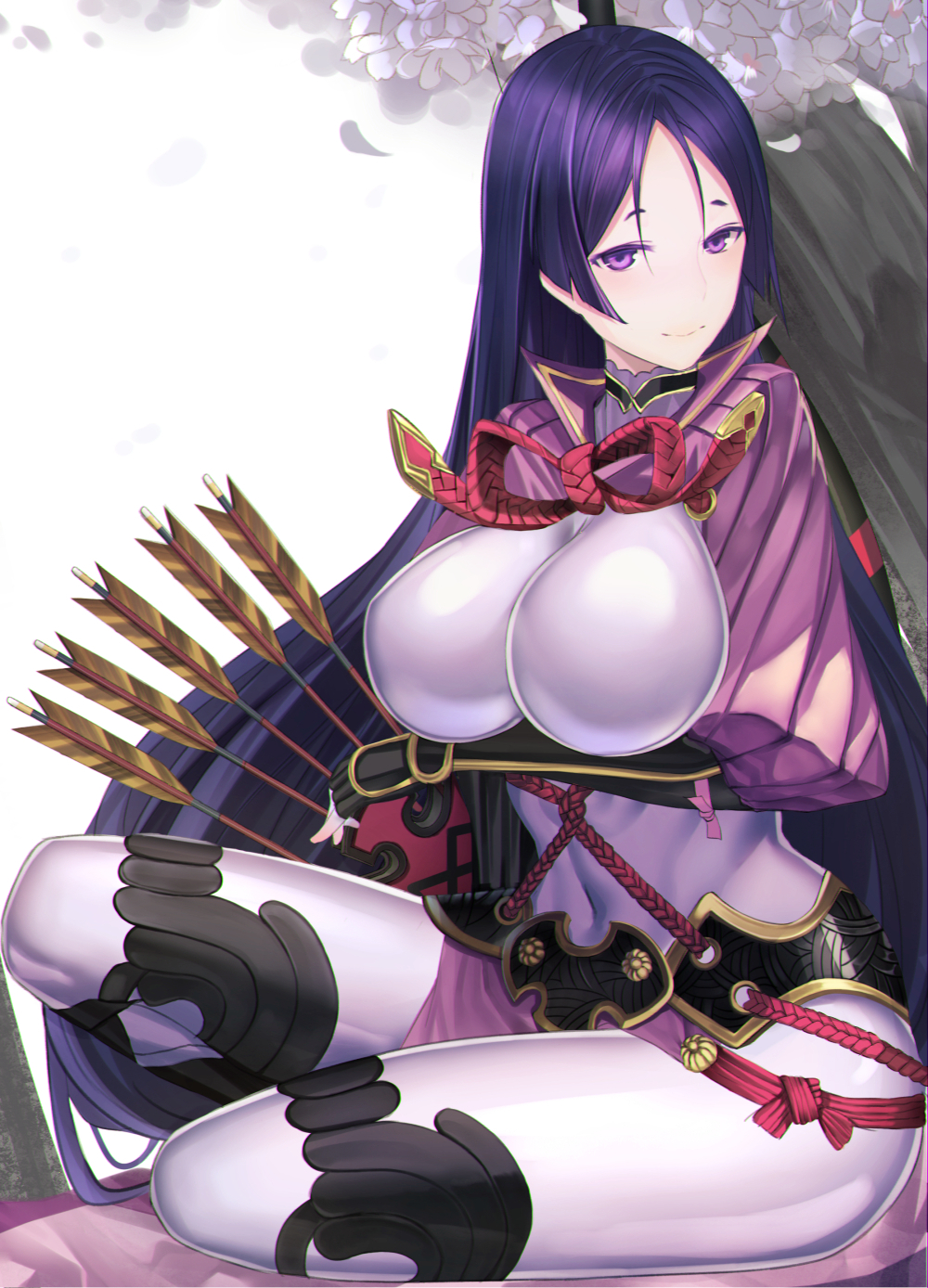 1girl armor arrow bangs bodysuit breasts covered_navel dhfz181 fate/grand_order fate_(series) highres huge_breasts japanese_armor kote long_hair looking_at_viewer minamoto_no_raikou_(fate/grand_order) parted_bangs purple_bodysuit purple_hair quiver ribbed_sleeves sitting smile solo tabard very_long_hair violet_eyes