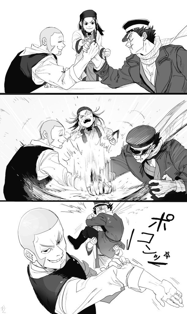 1girl 2boys ainu_clothes arm_wrestling asirpa calm comic golden_kamuy greyscale grin hat military military_hat military_uniform monochrome multiple_boys oku_(2964_okn) peaked_cap scar scared scarf shaved_head shiraishi_yoshitake sideburns sitting smile sugimoto_saichi table uniform waistcoat