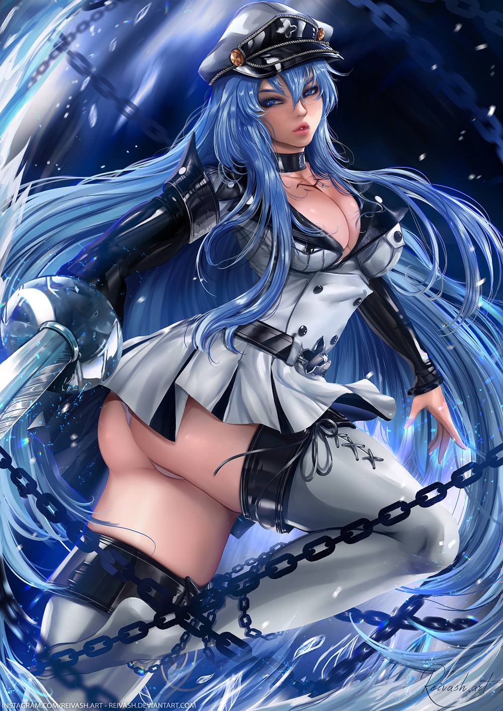 1girl akame_ga_kill! ass bangs blue_eyes blue_hair breasts chains choker cleavage collarbone esdeath hair_between_eyes hat highres holding holding_sword holding_weapon ice javier_estrada large_breasts long_hair military military_uniform panties panty_peek peaked_cap sadism skirt skirt_lift solo sword tattoo thigh-highs thigh_strap thighs turning_head underwear uniform weapon