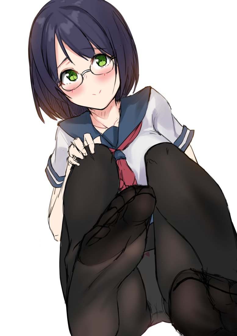1girl black_legwear blue_hair blush borrowed_character breasts deneb_(noble324) eyebrows_visible_through_hair glasses green_eyes hand_on_own_knee large_breasts looking_at_viewer no_pants original panties panties_under_pantyhose pantyhose sailor_collar sailor_shirt shirt short_hair simple_background sitting sketch smile solo underwear white_background