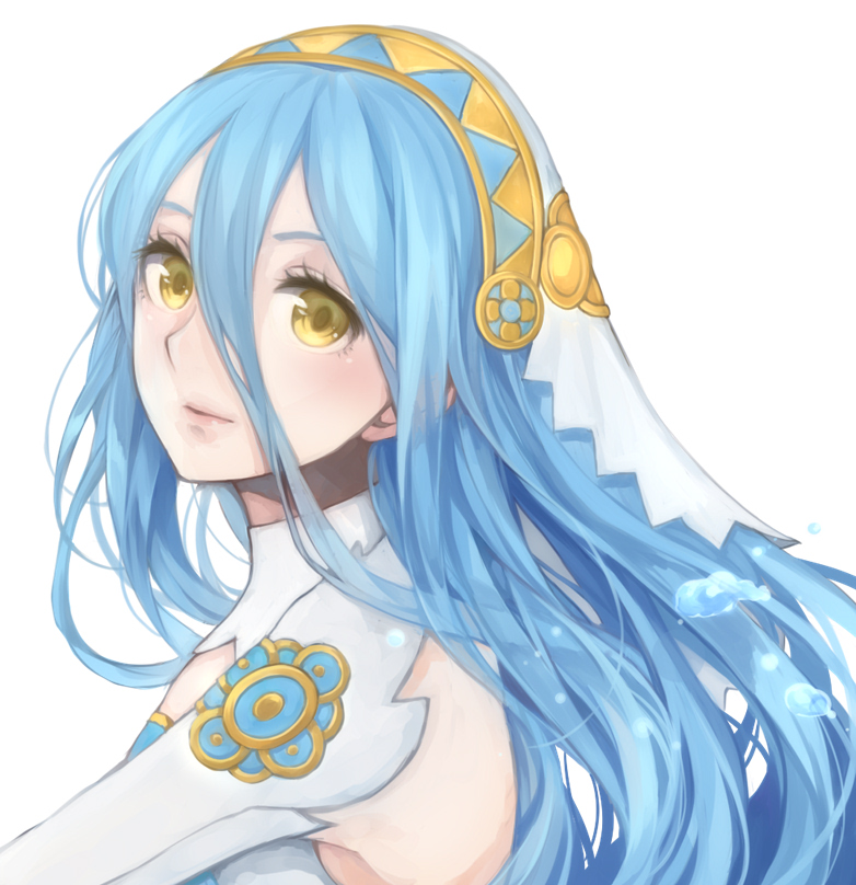 1girl aqua_(fire_emblem_if) blue_hair detached_collar detached_sleeves dress face fire_emblem fire_emblem_if from_side jurge looking_at_viewer pink_lips shiny shiny_hair turning_head veil water water_drop white_dress yellow_eyes